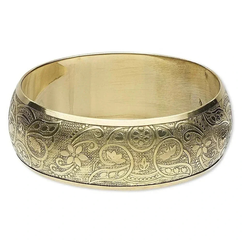 Carved Lotus Flowers and Swirls 24mm Wide Solid India Brass Bangle Bracelet